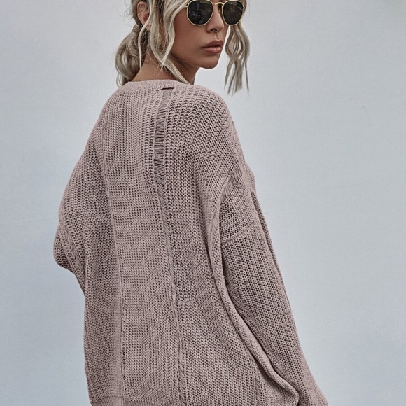 Grey off shoulder distressed oversize knit sweater - Picture 12 of 13